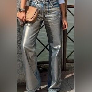 Zara High Rise Distressed Silver Metallic Coated Wide Leg Jeans